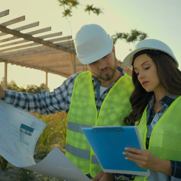 Un homme et une femme en casques de sécurité examinent des plans de construction ensemble.