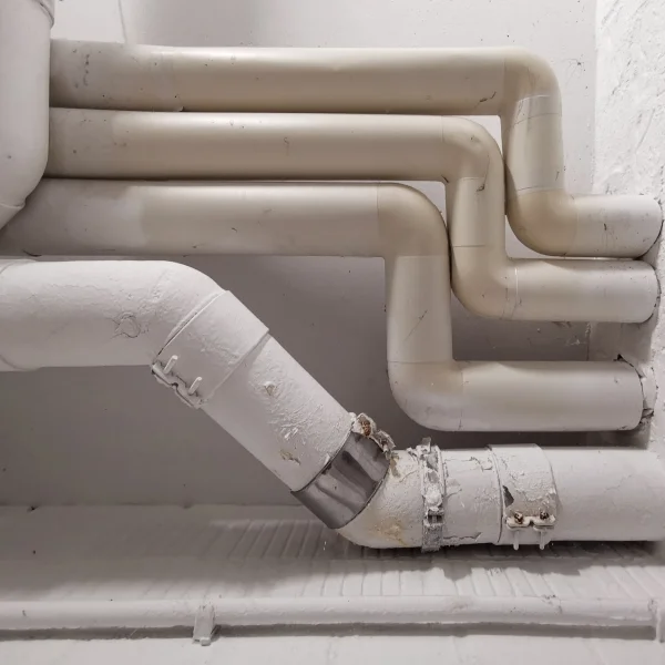 Tuyaux et vannes dans une pièce aux murs blancs, illustrant une inspection par caméra.