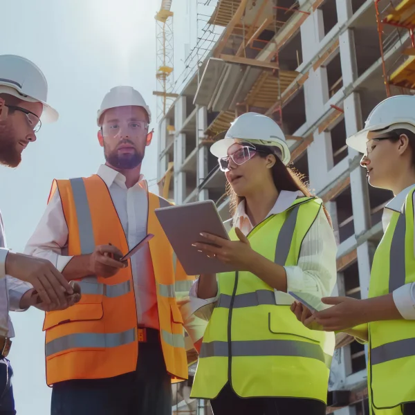 Trois personnes en casques et gilets de sécurité sur un chantier de construction, près d'une excavation.