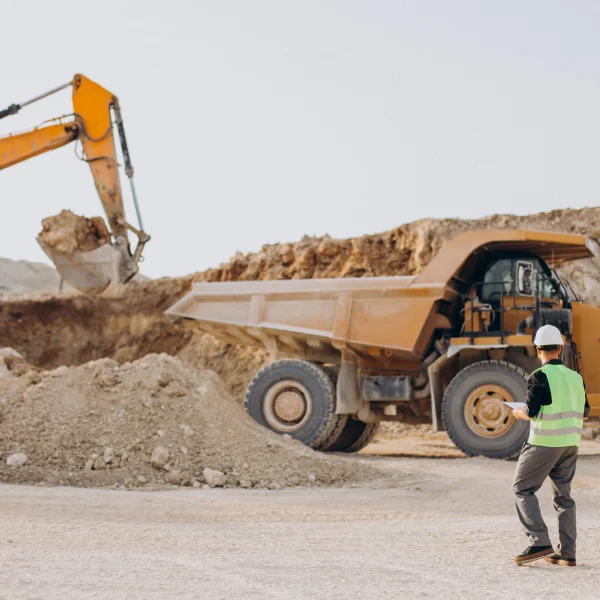 Un homme se tient devant un camion-benne, prêt pour des travaux d'excavation.