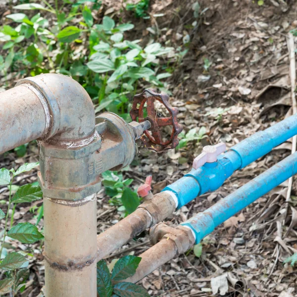 Un tuyau avec des sections bleues et blanches, illustrant un système de prévention des risques d'ocre.