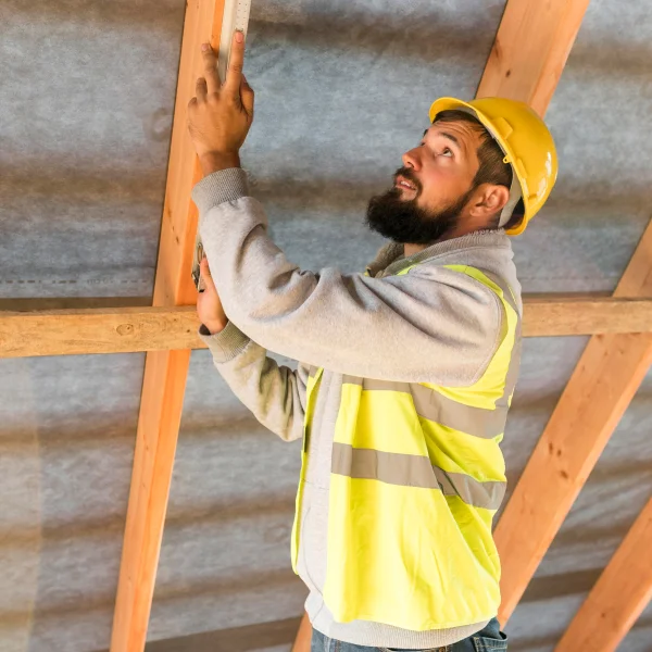 Un homme en casque et gilet jaune travaille sur un toit pour l'installation.
